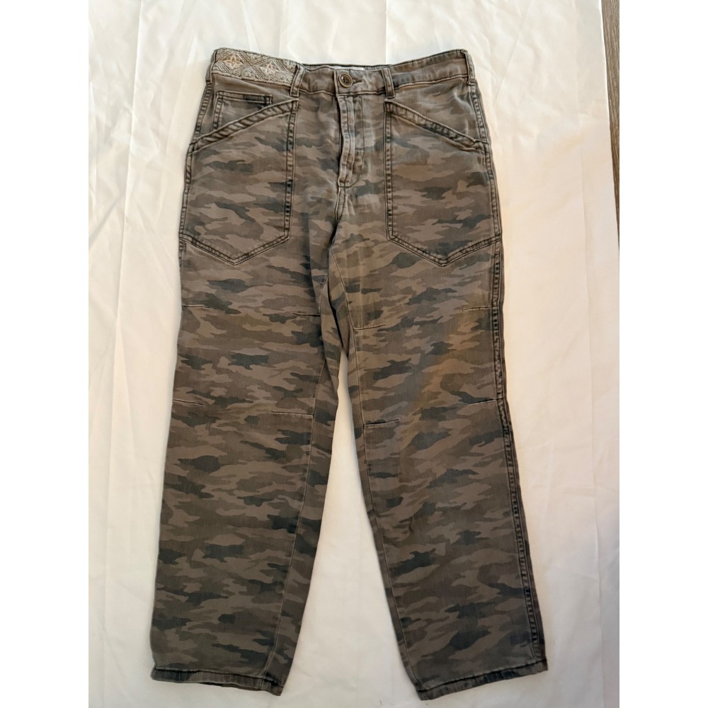 Anthropologie Camo Utility Pants Embroidered Detail Straight Leg Green Brown 27